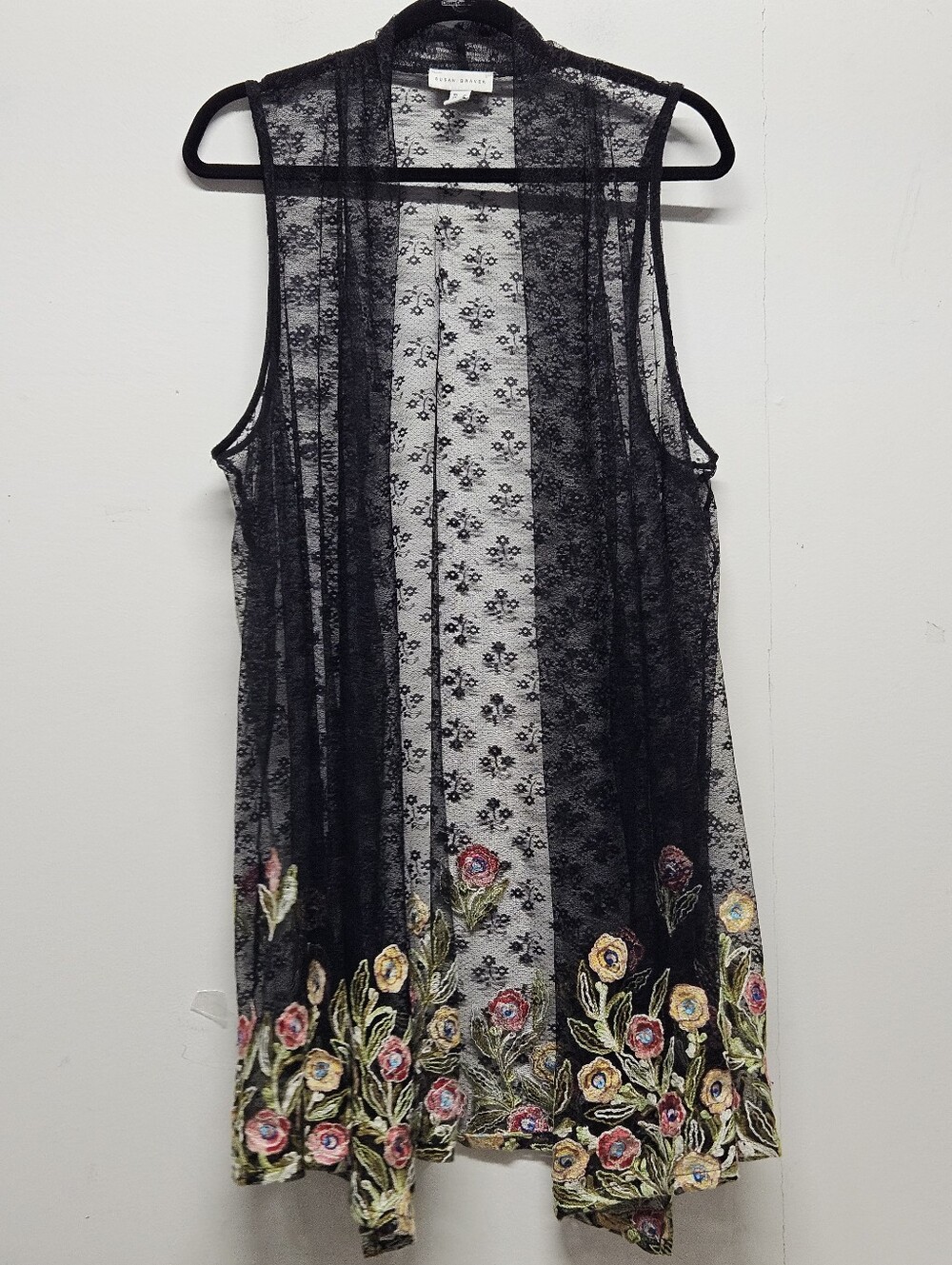 Susan Graver Black Floral Embroidered Lace Open Front Sleeveless Duster Vest M